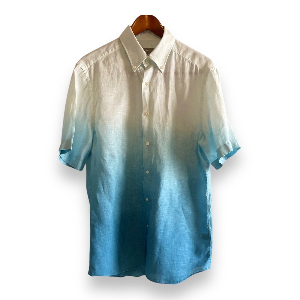 Neiman Marcus Men's Blue White Ombre 100% Linen Short Sleeve Button Down Shirt M